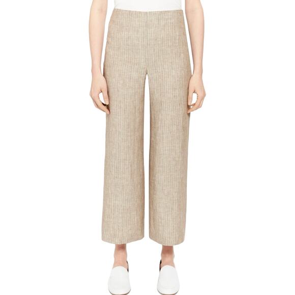 Theory Clean Cropped Linen Pants Womens 12 Tan Striped Career Chic Minimalist - Picture 2 of 10